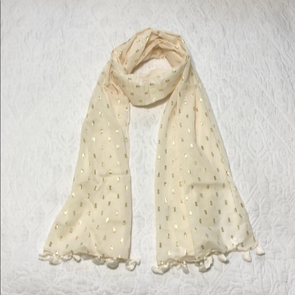 J Crew Cream & Gold Scarf with Tassels New